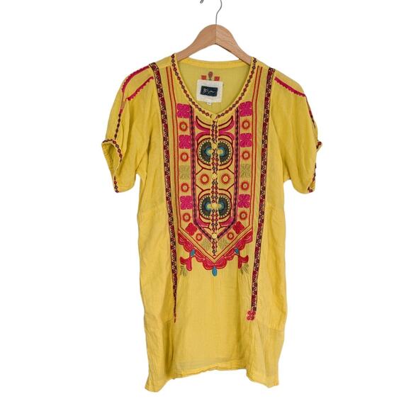 Biya Johnny Was Top S Yellow Tunic Shirt Short Sleeve Embroidered Boho Festival - Picture 3 of 12